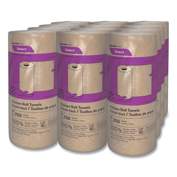 Cascades Pro Select Perforated Roll Paper Towels, 2 Ply, 250 Sheets, 166.6 ft; 8", Natural, 12 PK - K251