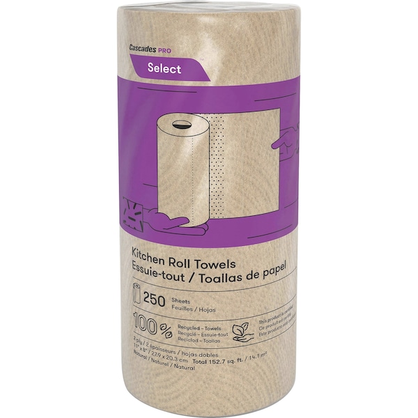 Cascades Pro Select Perforated Roll Paper Towels, 2 Ply, 250 Sheets, 166.6 ft; 8", Natural, 12 PK - K251