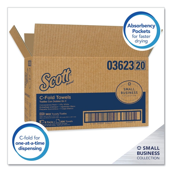 Scott Essential C-Fold Paper Towels, 1 Ply, 200 Sheets, White, 9 PK - 3623