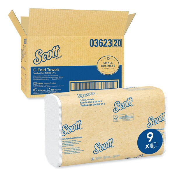 Scott Essential C-Fold Paper Towels, 1 Ply, 200 Sheets, White, 9 PK - 3623