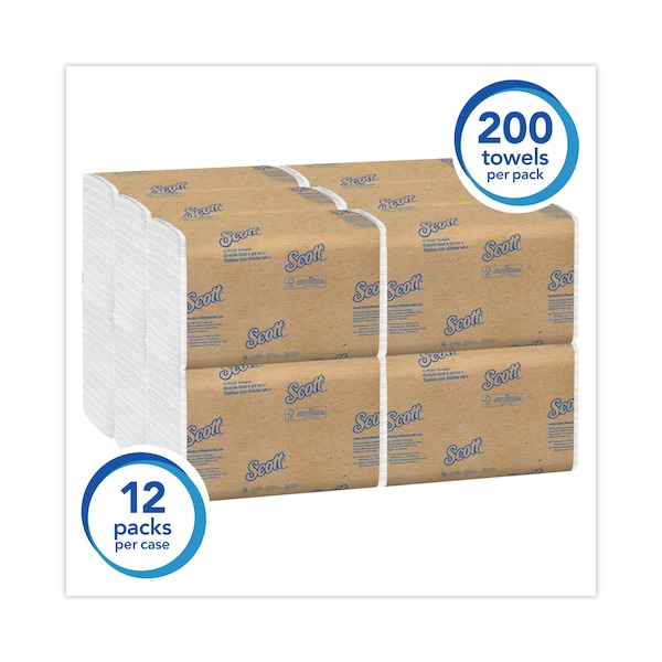 Scott Scott Essential C-Fold Paper Towels, 1 Ply, 200 Sheets, White, 12 PK - 1510