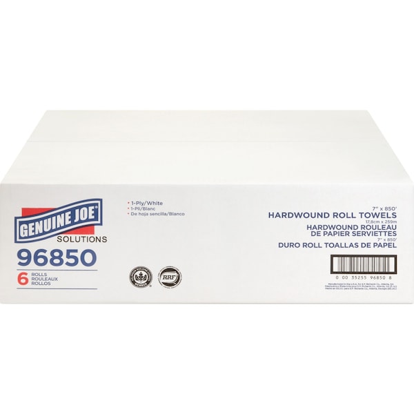 Genuine Joe Genuine Joe Hardwound Paper Towels, 1 Ply, Continuous Roll Sheets, 850 ft, White, 6 PK - GJO96850