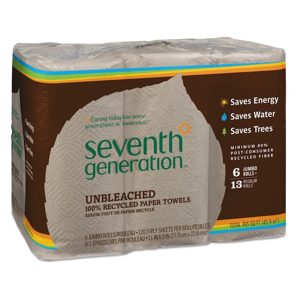 Seventh Generation Perforated Roll Paper Towels, 2 Ply, 120 Sheets, 9", Brown, 6 PK - SEV 13737