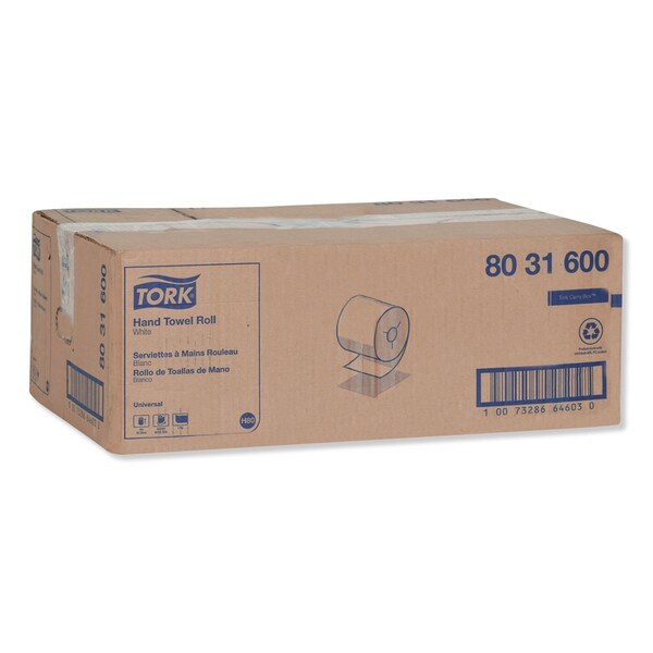 Tork Universal Hand Towel Roll, Notched, 1-Ply, 7.5in x 630 ft, White, 6PK - 8031600
