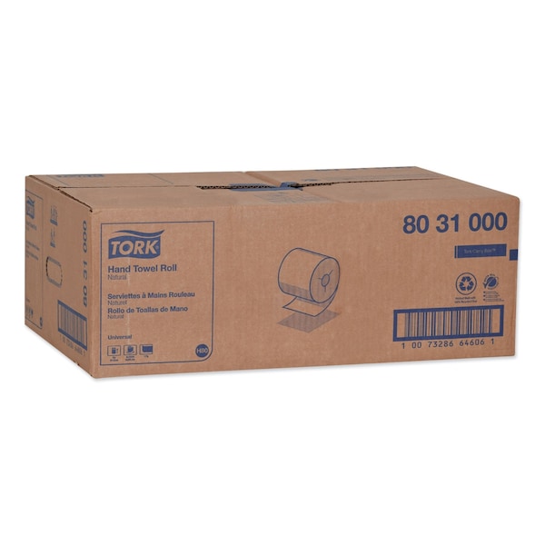 Tork Universal Hand Towel Roll, Notched, 1-Ply, 8in. x 1,000 ft, Natural, 6PK - 8031000