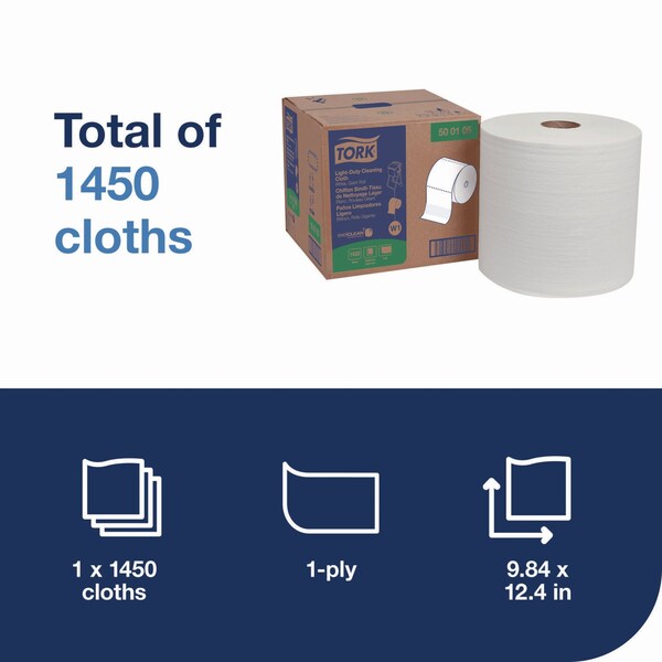 Tork Light Duty Cleaning Cloth, Giant Roll, 1-Ply, 9 x 12.4, White, 1450PK - 500105