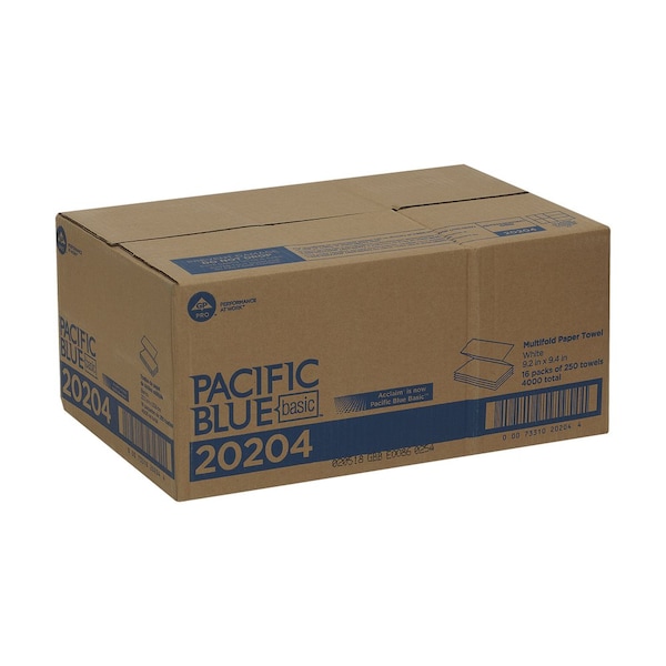 Georgia-Pacific Pacific Blue Basic Multifold Paper Towels, 1 Ply, 250 Sheets, White, 4000 PK - 20204