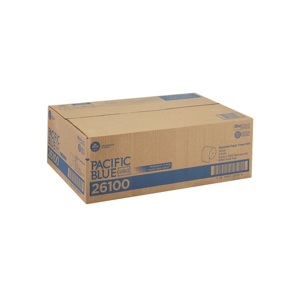 Georgia-Pacific Pacific Blue Select Hardwound Paper Towels, 1 Ply, Continuous Roll Sheets, 1000 ft, White, 6 PK - 26100