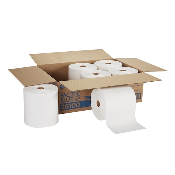 Georgia-Pacific Pacific Blue Select Hardwound Paper Towels, 1 Ply, Continuous Roll Sheets, 1000 ft, White, 6 PK - 26100