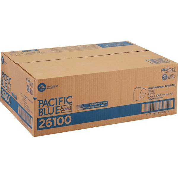 Georgia-Pacific Pacific Blue Select Hardwound Paper Towels, 1 Ply, Continuous Roll Sheets, 1000 ft, White, 6 PK - 26100
