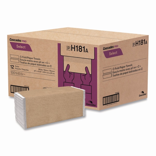 Cascades Pro Select Folded Paper Towels, C-Fold Towels, 1-Ply, 3.75 x 10, White, 198 Towels, 12PK - H181