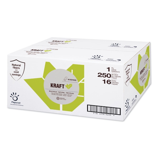 Papernet Kraft Tech Multi-Fold Paper Towel, Kraft, 1-Ply, 9.5 x 9.25, Brown, 250 Towels, 16PK - 410163