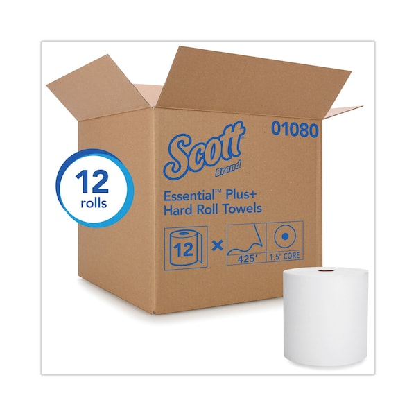 Scott Essential Hardwound Paper Towels, 1 Ply, Continuous Roll Sheets, 425 ft, White, 12 PK - 1080