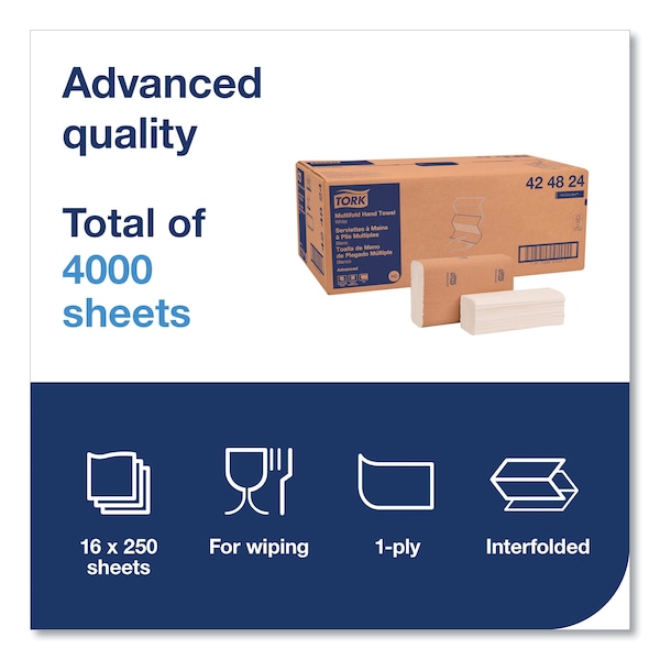 Tork Tork Multifold Hand Towel White H2, Advanced, Strong and Absorbent, 16 x 250 Sheets, 424824 - 424824