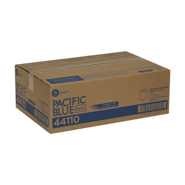 Georgia-Pacific Pacific Blue Basic Center Pull Paper Towels, 1 Ply, 1000 Sheets, 1,000 ft, White, 6 PK - 44110
