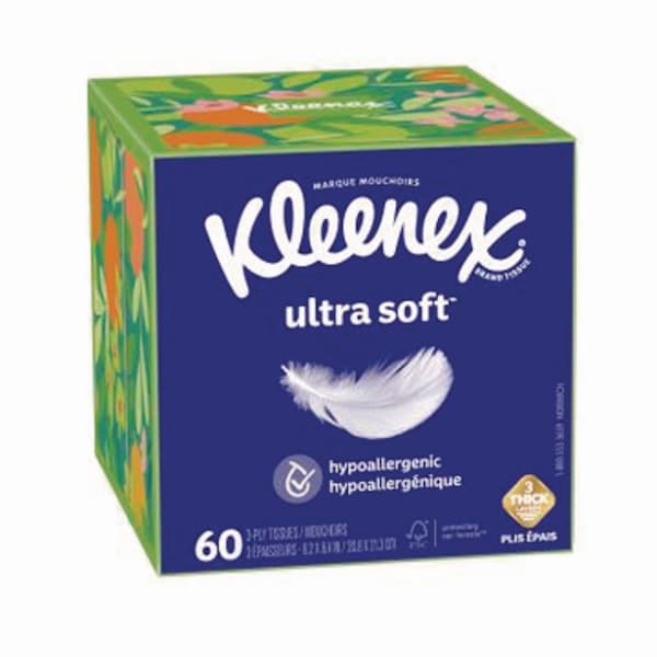 Kleenex Ultra Soft Facial Tissue, 3-Ply, White, 60 Sheets/Box, 18PK - 54278