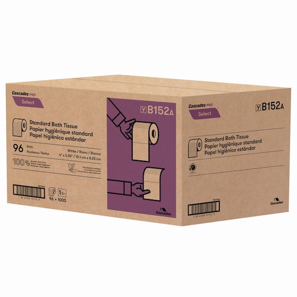 Cascades Pro Select Standard Bath Tissue, 1-Ply, White, 1,000/Roll, PK96 - B152