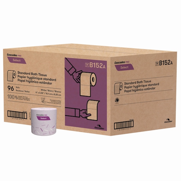 Cascades Pro Select Standard Bath Tissue, 1-Ply, White, 1,000/Roll, PK96 - B152