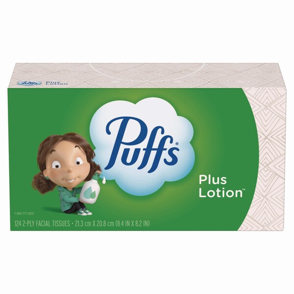 Puffs Plus Lotion Facial Tissue, 2-Ply, White, 124 Sheets/Box, 24 Boxes/Carton, 24PK - 80337535