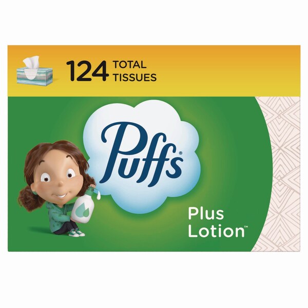Puffs Plus Lotion Facial Tissue, 2-Ply, White, 124 Sheets/Box, 24 Boxes/Carton, 24PK - 80337535