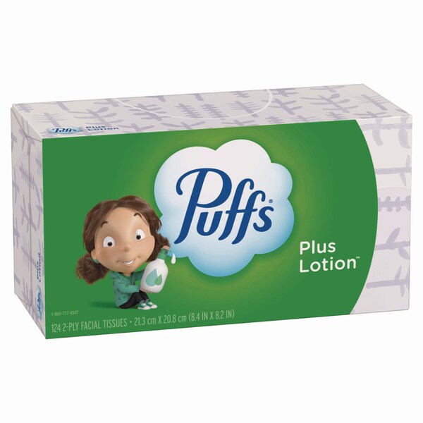 Puffs Plus Lotion Facial Tissue, 2-Ply, White, 124 Sheets/Box, 24 Boxes/Carton, 24PK - 80337535