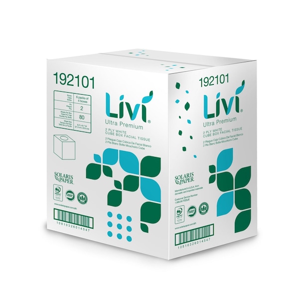 Livi Ultra Premium Facial Tissue, 2-Ply, White, Cube Box, 80 Sheets/Box, 4 Boxes/Pack, 6 Packs/Carton, 6PK - 192101