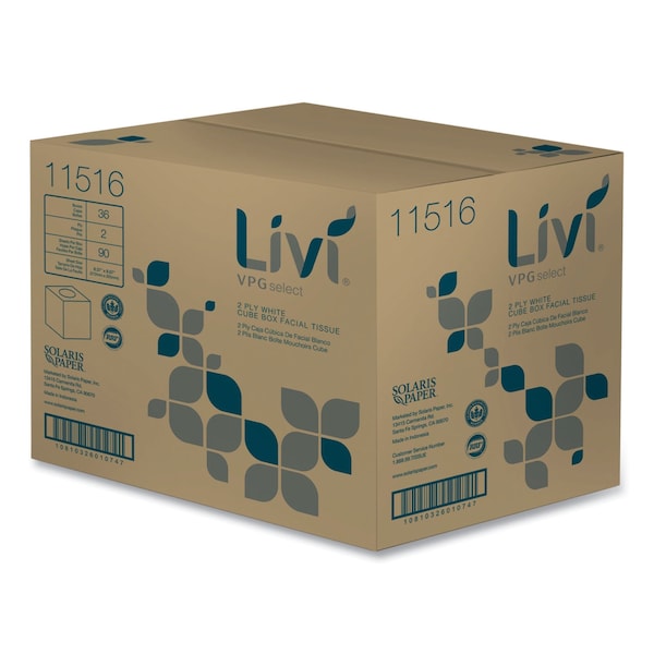 Livi Vpg Select Cube Facial Tissue, 2-Ply, White, 90 Sheets/Box, 36PK - 11516