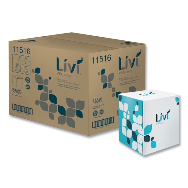 Livi Vpg Select Cube Facial Tissue, 2-Ply, White, 90 Sheets/Box, 36PK - 11516