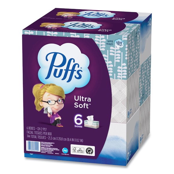 Puffs Ultra Soft Facial Tissue, 2-Ply, White, 124 Sheets/Box, 24PK - 80337307
