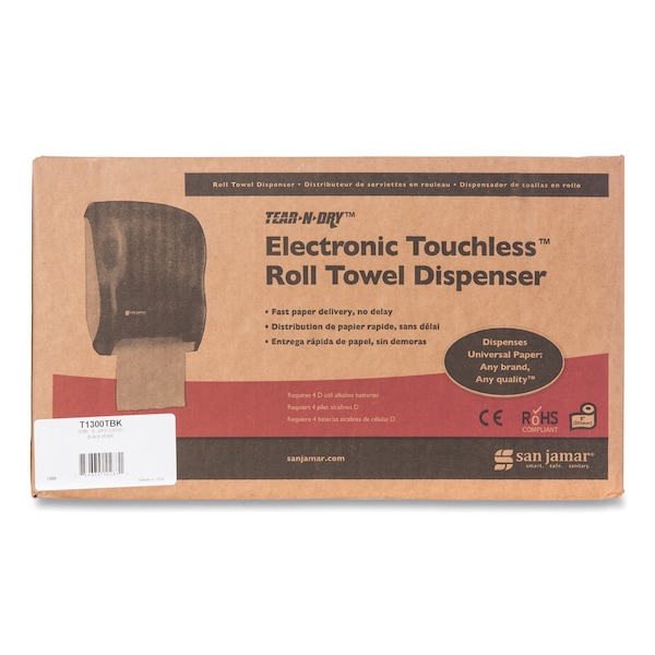 San Jamar Electronic Touchless Roll Towel Dispenser, 11 3/4 x 9 x 15 1/2, Black - T1300TBK