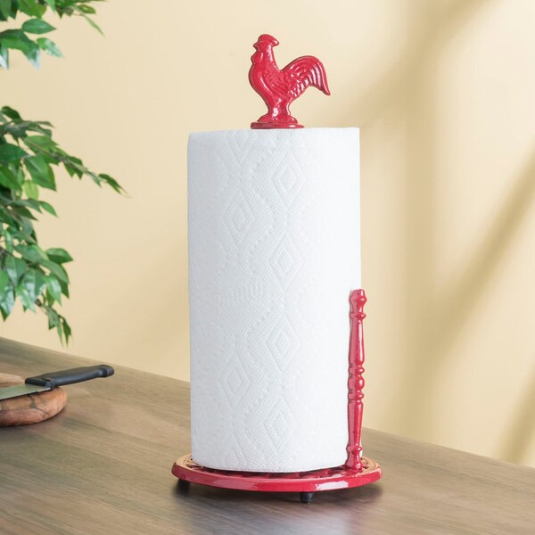 Hds Trading Cast Iron Rooster Paper Towel Holder, Red - ZOR96046