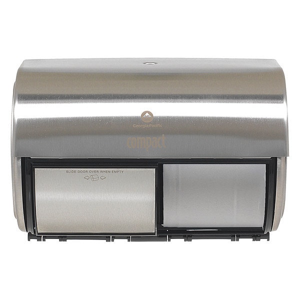 Georgia-Pacific Toilet Paper Dispenser, Coreless, Horizontal Double Roll, Steel, Silver, Compact - 56798