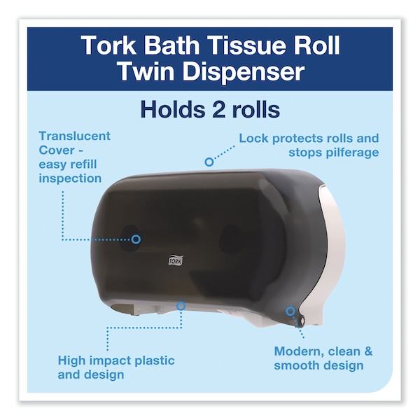 Tork Tork Twin Toilet Paper Roll Dispenser Smoke T24, Modern Look, 59TR - 59TR