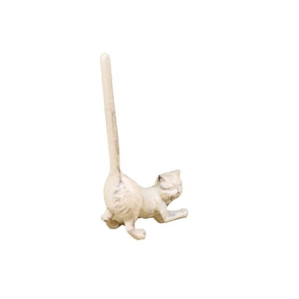 Handcrafted Model Ships 10 in. Whitewashed Cast Iron Cat Paper Towel Holder - K-1331-W