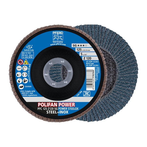 Disco de láminas POLIFAN® Pferd 5" x 7/8" A.H. - Z SG POWER STEELOX, Zirconia, 120 Grit, Cónico - 62263