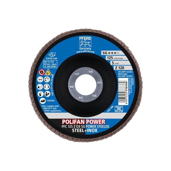 Disco de láminas POLIFAN® Pferd 5" x 7/8" A.H. - Z SG POWER STEELOX, Zirconia, 120 Grit, Cónico - 62263