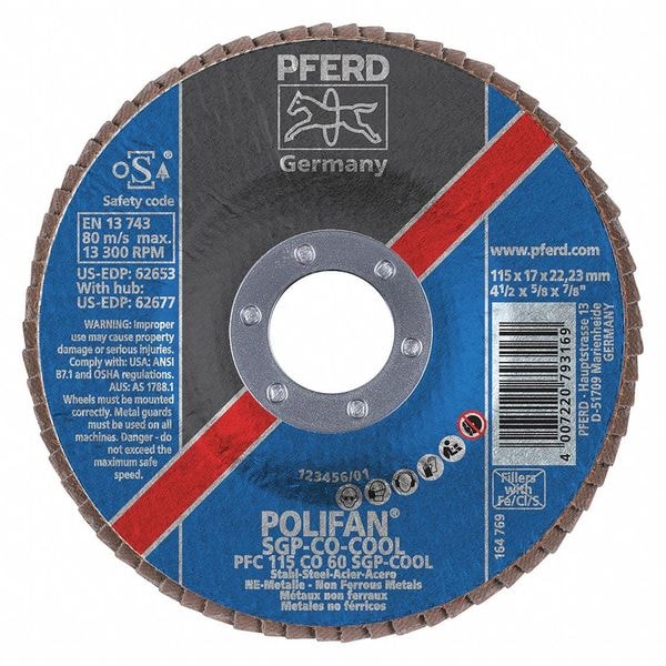 Disco de láminas Pferd 4-1/2" x 7/8" A.H. POLIFAN® - CO-COOL SG STEELOX, Óxido de cerámica, 60 Granos, Cónico - 62653