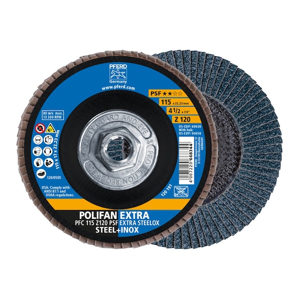 Disco de aletas POLIFAN® Pferd 4-1/2" x 5/8-11 Thd. EXTRA STEELOX Z PSF, Zirconia, 120 Granos, Cónico - 60658