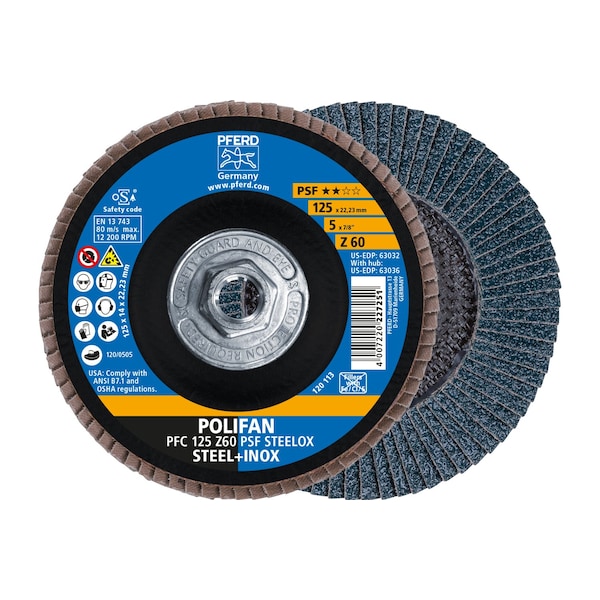 Pferd 5" x 5/8-11 Thd. Disco de láminas POLIFAN® - Z PSF STEELOX, Zirconia, 60 Granos, Cónico - 63036