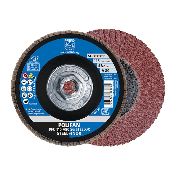 Disco de Láminas POLIFAN® Pferd 4-1/2" x 5/8-11 Thd. - A SG STEELOX, Óxido de aluminio, 80 Granos, Cónico - 62304