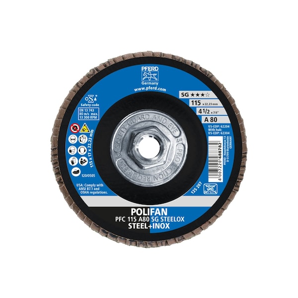 Disco de Láminas POLIFAN® Pferd 4-1/2" x 5/8-11 Thd. - A SG STEELOX, Óxido de aluminio, 80 Granos, Cónico - 62304