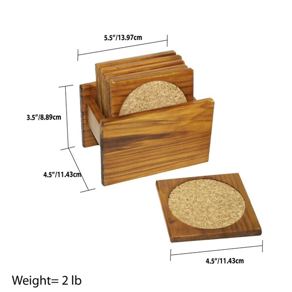 Home Basics Home Basics Pine Wood Square Coasters with Absorbent Cork Insert, (Set of 6), and Holder - ZOR96225