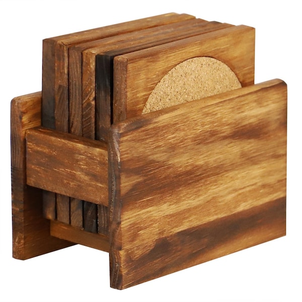 Home Basics Home Basics Pine Wood Square Coasters with Absorbent Cork Insert, (Set of 6), and Holder - ZOR96225
