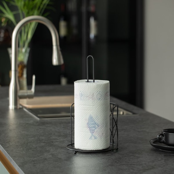 Basicwise Freestanding Black Iron Towel Paper Holder Stand Roll Dispenser with Frame for Kitchen, Set of 2 - QI004450.2