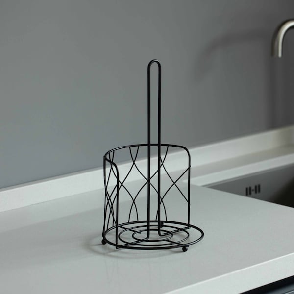 Basicwise Freestanding Black Iron Towel Paper Holder Stand Roll Dispenser with Frame for Kitchen, Set of 2 - QI004450.2