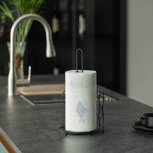 Basicwise Freestanding Black Iron Towel Paper Holder Stand Roll Dispenser with Frame for Kitchen, Set of 2 - QI004450.2