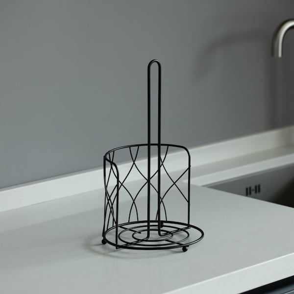 Basicwise Freestanding Black Iron Towel Paper Holder Stand Roll Dispenser with Frame for Kitchen, Set of 2 - QI004450.2