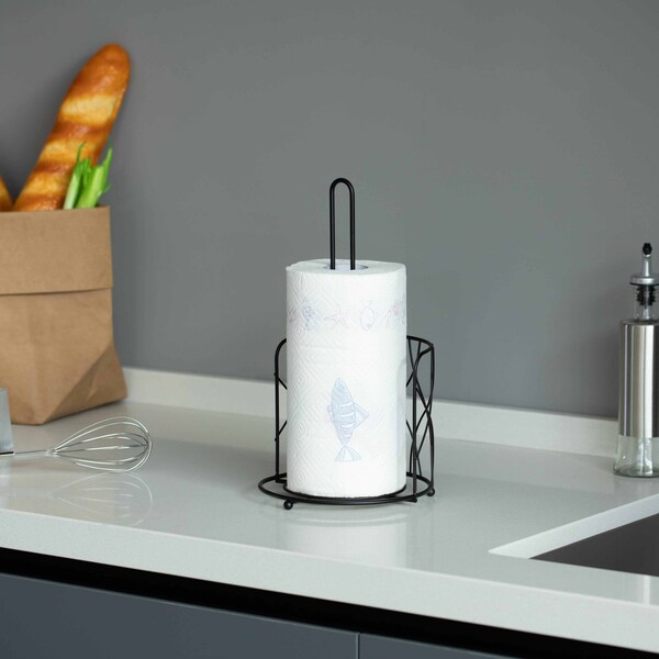 Basicwise Freestanding Black Iron Towel Paper Holder Stand Roll Dispenser with Frame for Kitchen, Set of 2 - QI004450.2