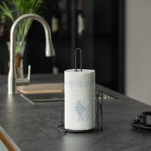 Basicwise Freestanding Black Iron Towel Paper Holder Stand Roll Dispenser with Frame for Kitchen - QI004450