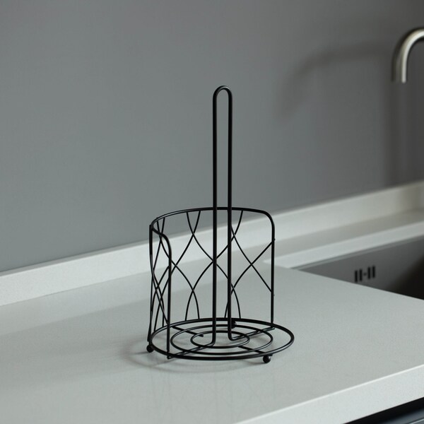 Basicwise Freestanding Black Iron Towel Paper Holder Stand Roll Dispenser with Frame for Kitchen - QI004450